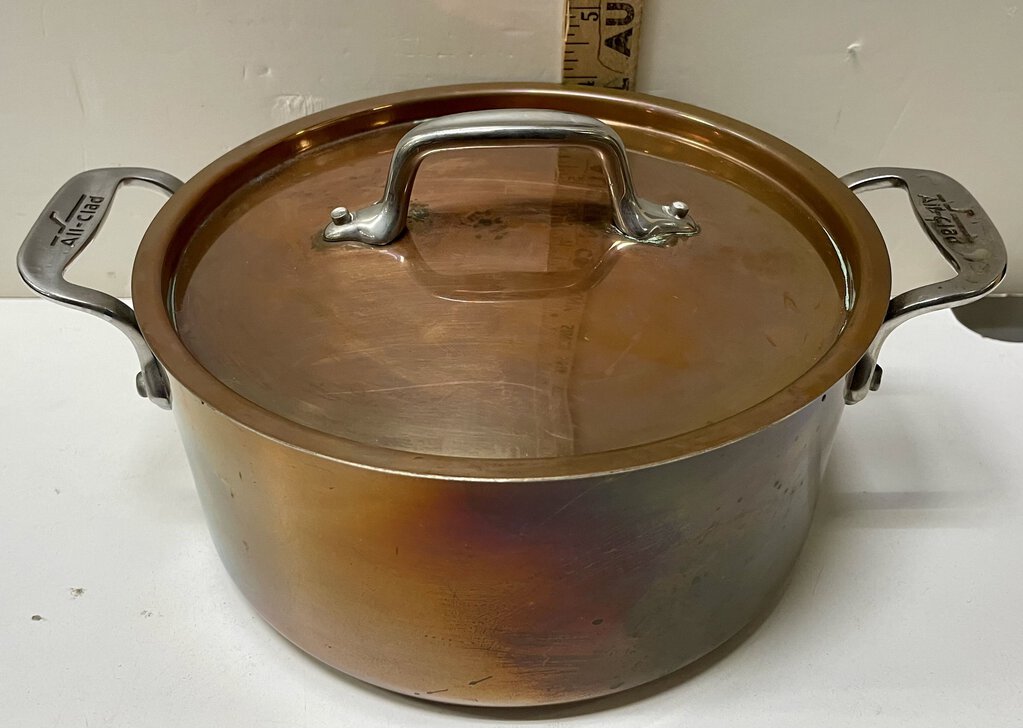 All Clad 2 Handled Lidded Copper Pot 3Qt.