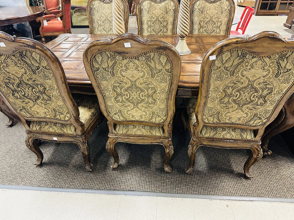 Marge Carson Vouvray Dining Set - Dining Table w/ Center Leaf and Eight Chairs, Including Two Armchairs. Dark Brown Finish with Olive and Gold Upholstery.