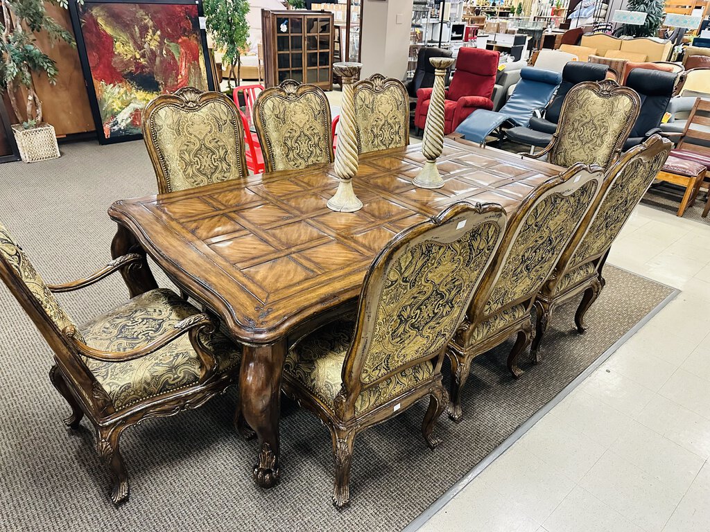 Marge Carson Vouvray Dining Set - Dining Table w/ Center Leaf and Eight Chairs, Including Two Armchairs. Dark Brown Finish with Olive and Gold Upholstery.