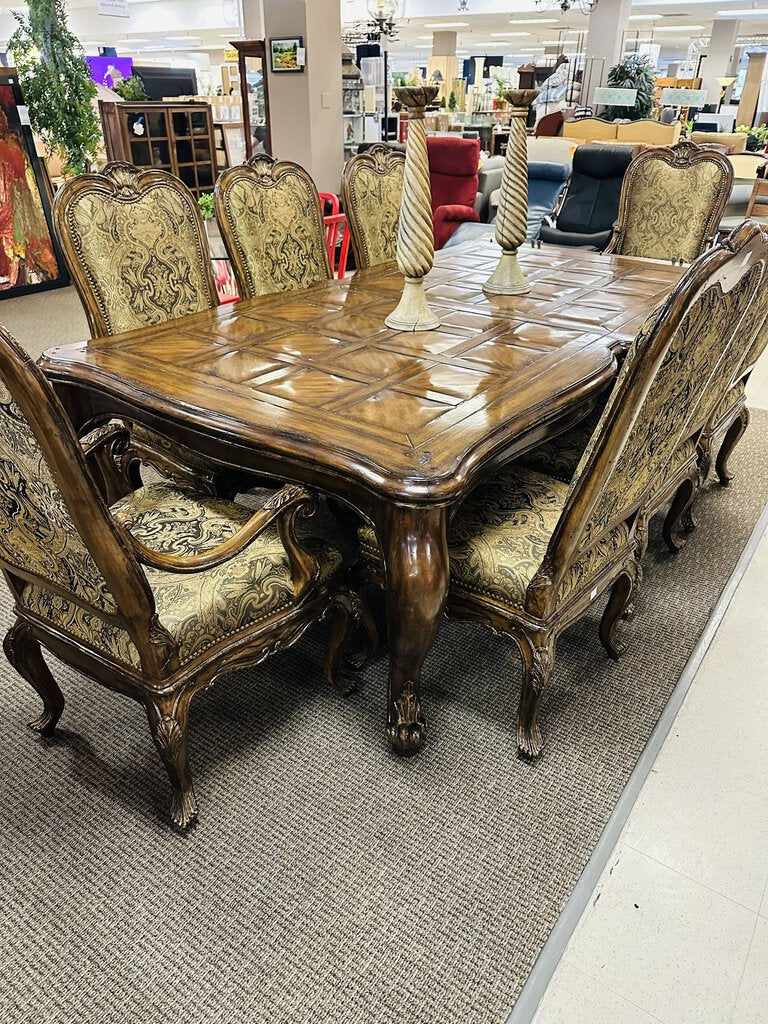 Marge Carson Vouvray Dining Set - Dining Table w/ Center Leaf and Eight Chairs, Including Two Armchairs. Dark Brown Finish with Olive and Gold Upholstery.