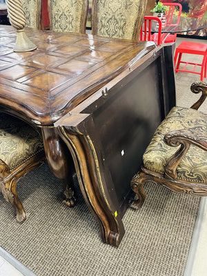 Marge Carson Vouvray Dining Set - Dining Table w/ Center Leaf and Eight Chairs, Including Two Armchairs. Dark Brown Finish with Olive and Gold Upholstery.