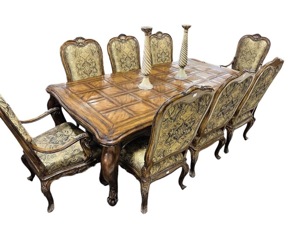 Marge Carson Vouvray Dining Set - Dining Table w/ Center Leaf and Eight Chairs, Including Two Armchairs. Dark Brown Finish with Olive and Gold Upholstery.