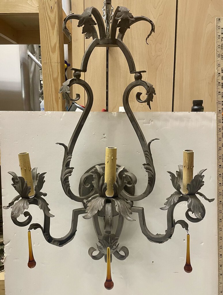 Hans Duus Custom Wrought Iron Blown Glass 3 Lamp Sconce (PAIR)