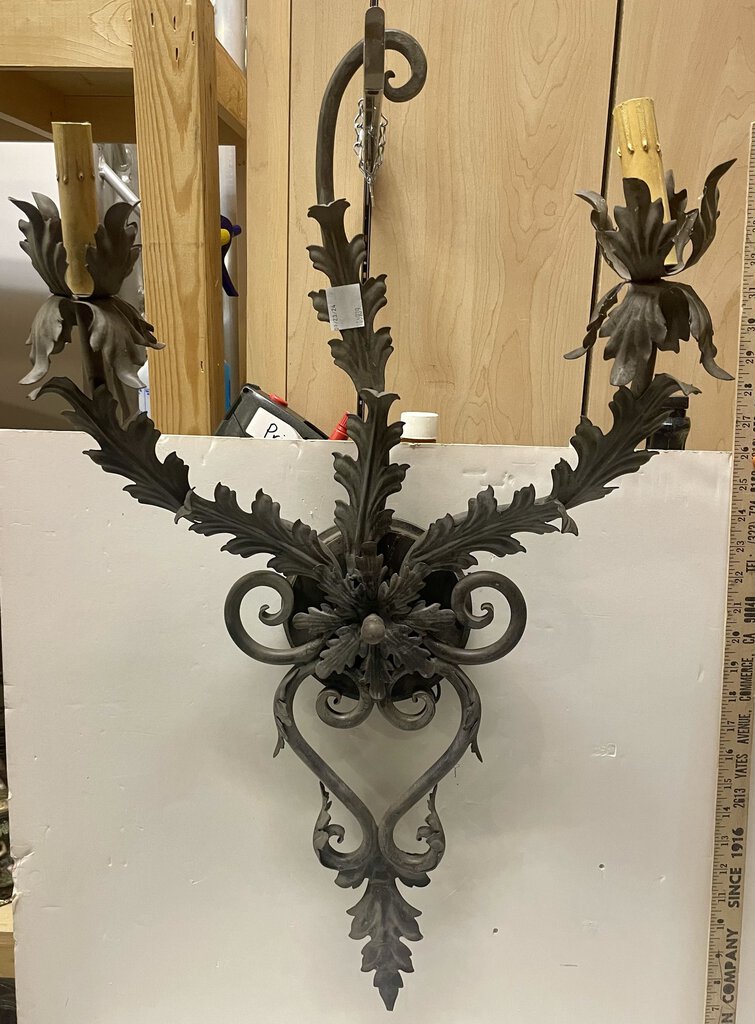 Hans Duus Custom Wrought Iron Round Leaf Motif 2 Lamp Sconce (PAIR)