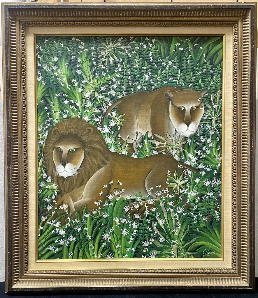 Gustavo Novoa Lion Couple Signed Original Oil on Canvas