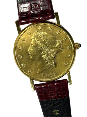 Corum 18K Gold 1904 20 Dollar Coin Face Lizard Strap