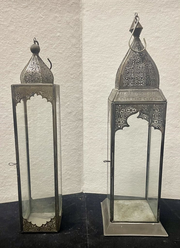 Moroccan Style Reticulated Copper and Glass Candle Lanterns (PAIR)