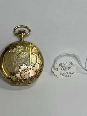 Elgin Tri-Color 14K Floral Hunters Case Pocket Watch