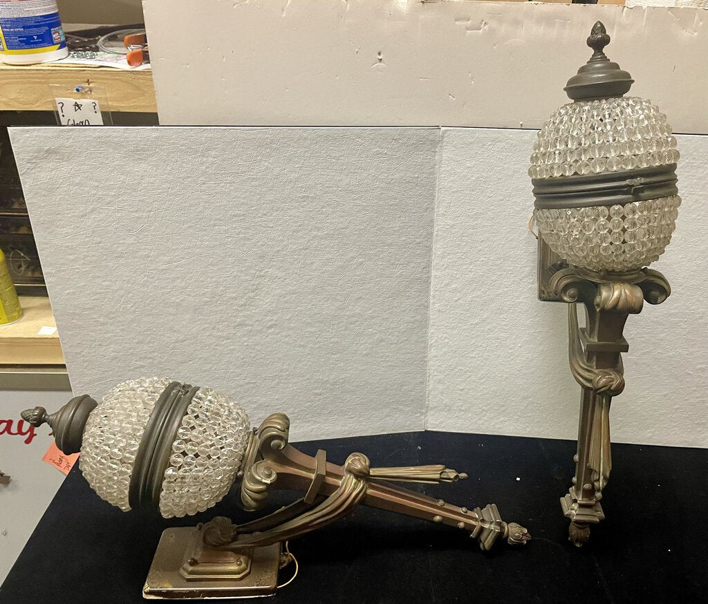 Art Deco Brass and Glass Bead Wall Sconces (PAIR)