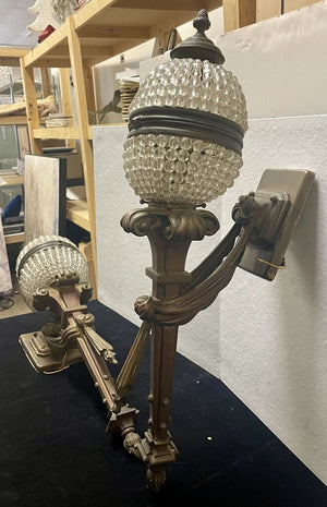 Art Deco Brass and Glass Bead Wall Sconces (PAIR)