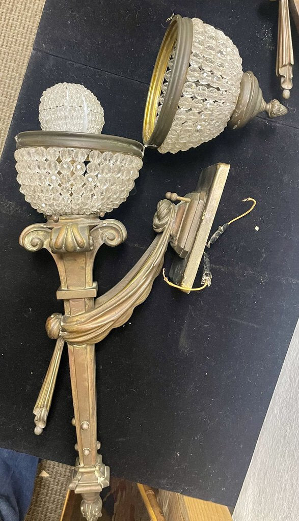 Art Deco Brass and Glass Bead Wall Sconces (PAIR)