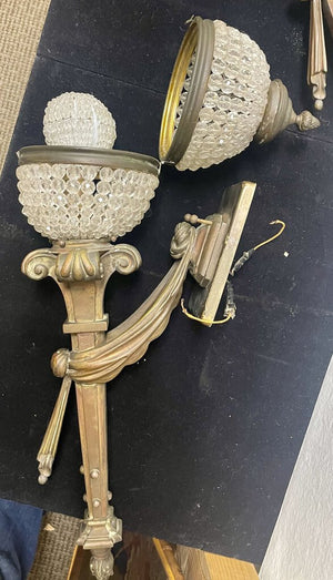 Art Deco Brass and Glass Bead Wall Sconces (PAIR)