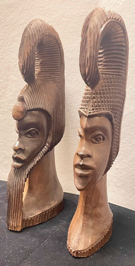 African Ironwood Craved Sculptural Male Female Busts (PAIR)