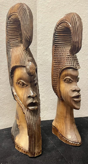 African Ironwood Craved Sculptural Male Female Busts (PAIR)