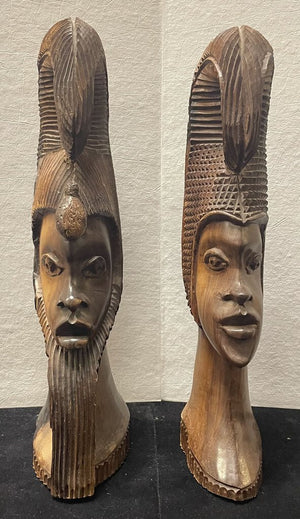 African Ironwood Craved Sculptural Male Female Busts (PAIR)