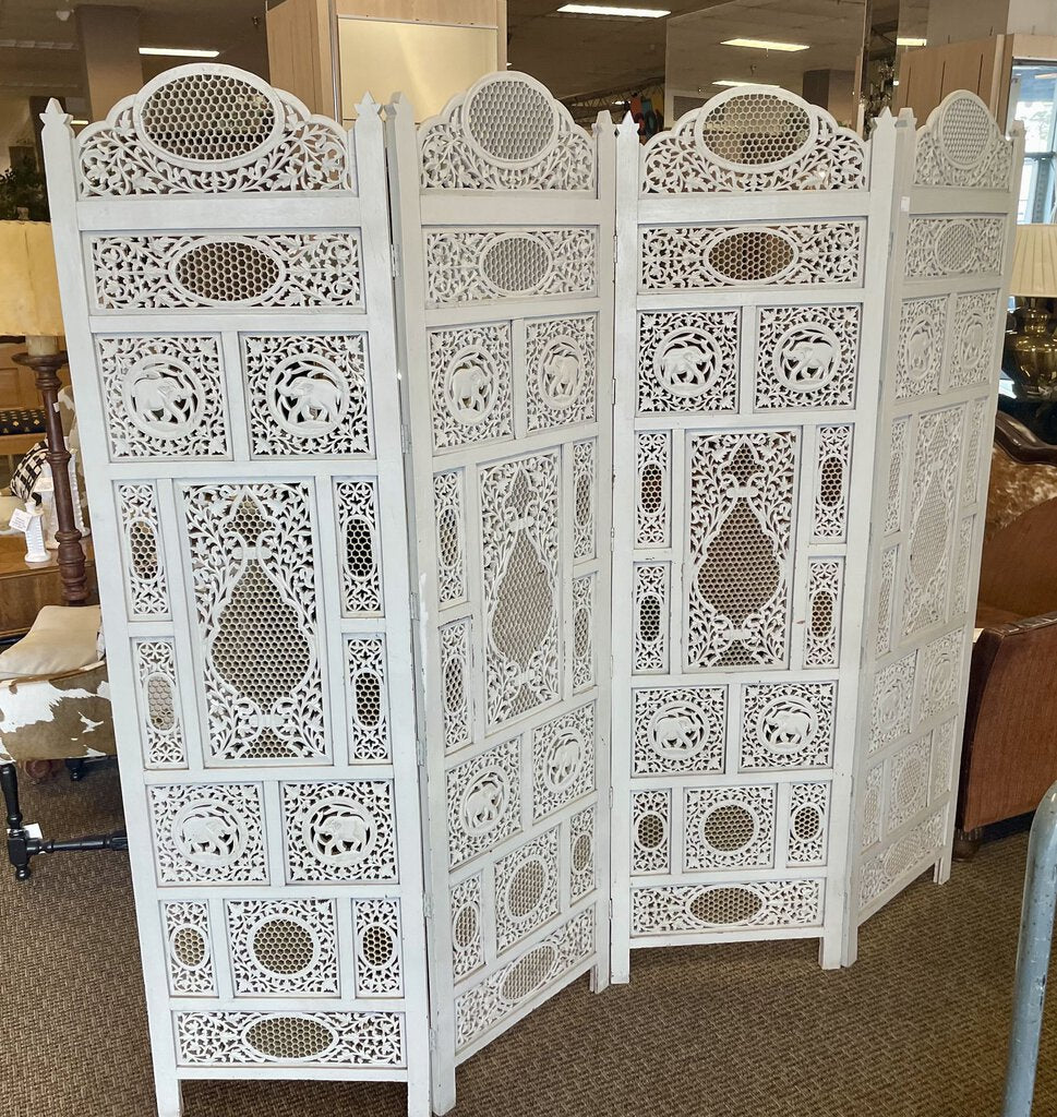 White Ornately Carved Honeycomb and Elephant Motif 4 Panel Room Divider /Screen