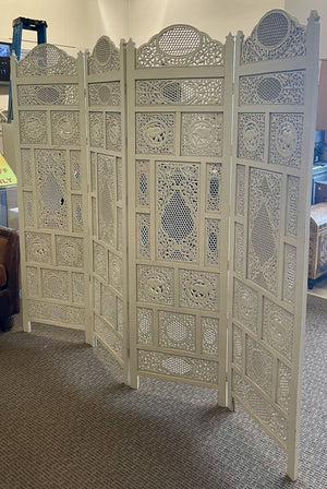 White Ornately Carved Honeycomb and Elephant Motif 4 Panel Room Divider /Screen