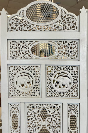 White Ornately Carved Honeycomb and Elephant Motif 4 Panel Room Divider /Screen