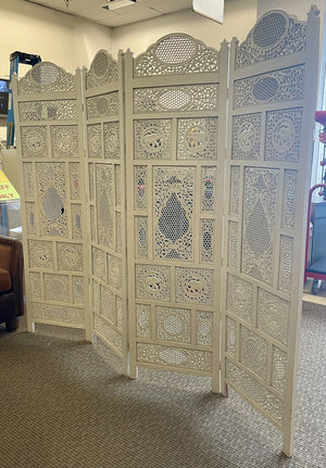 White Ornately Carved Honeycomb and Elephant Motif 4 Panel Room Divider /Screen