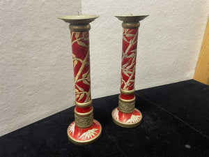 Vintage Chinese Imperial Style Brass Stone Carved Candle Stick Holders (PAIR)