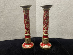 Vintage Chinese Imperial Style Brass Stone Carved Candle Stick Holders (PAIR)