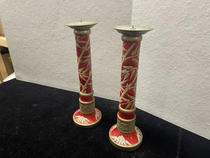 Vintage Chinese Imperial Style Brass Stone Carved Candle Stick Holders (PAIR)