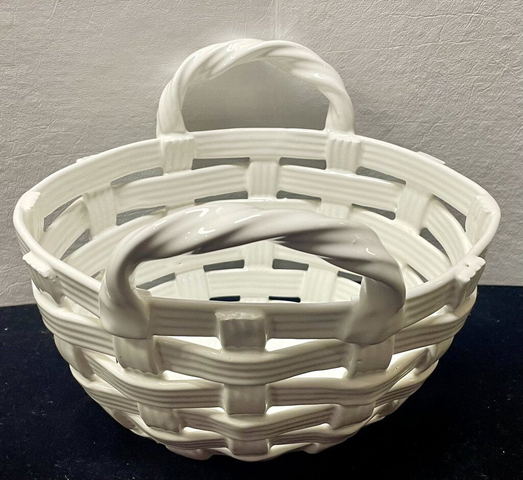 White Glazed Ceramic Woven Style Easter Basket