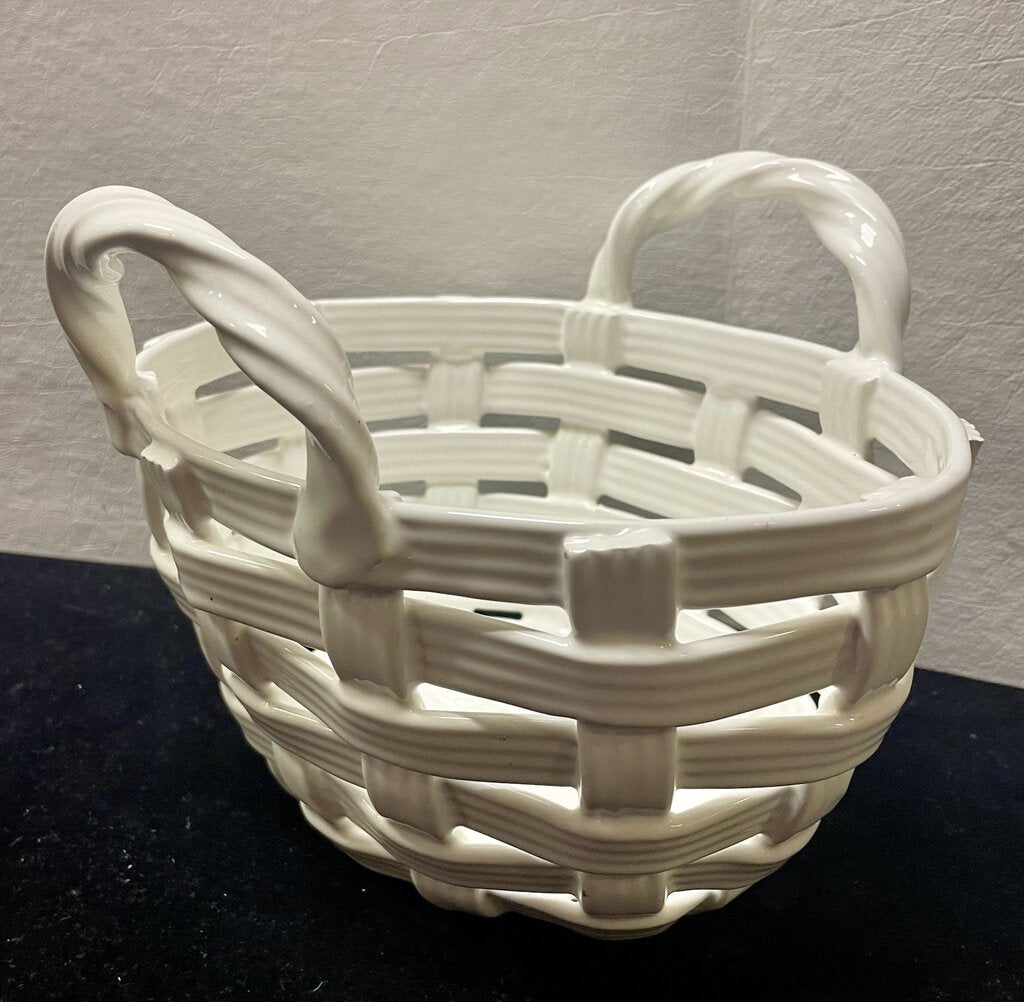 White Glazed Ceramic Woven Style Easter Basket