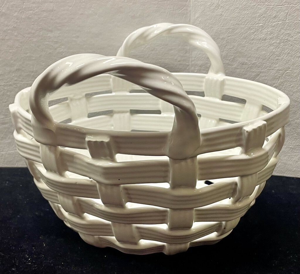 White Glazed Ceramic Woven Style Easter Basket