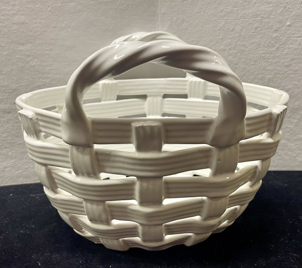 White Glazed Ceramic Woven Style Easter Basket