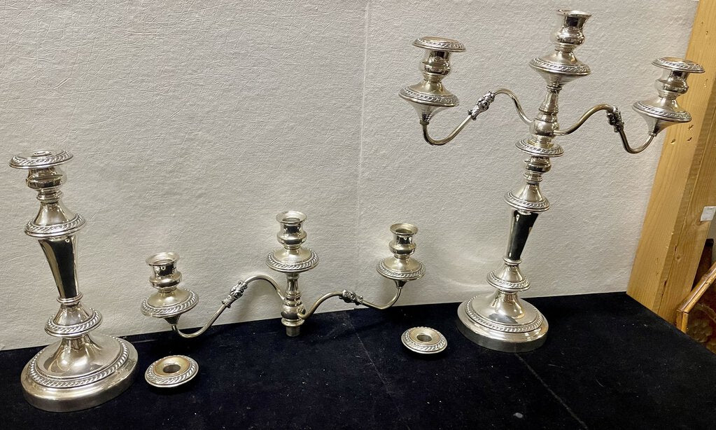 19th C. George III Sheffield Silver Plate 3 Stick Candelabra (PAIR)