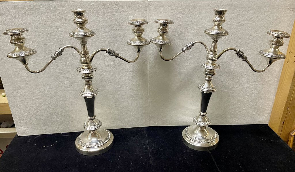 19th C. George III Sheffield Silver Plate 3 Stick Candelabra (PAIR)