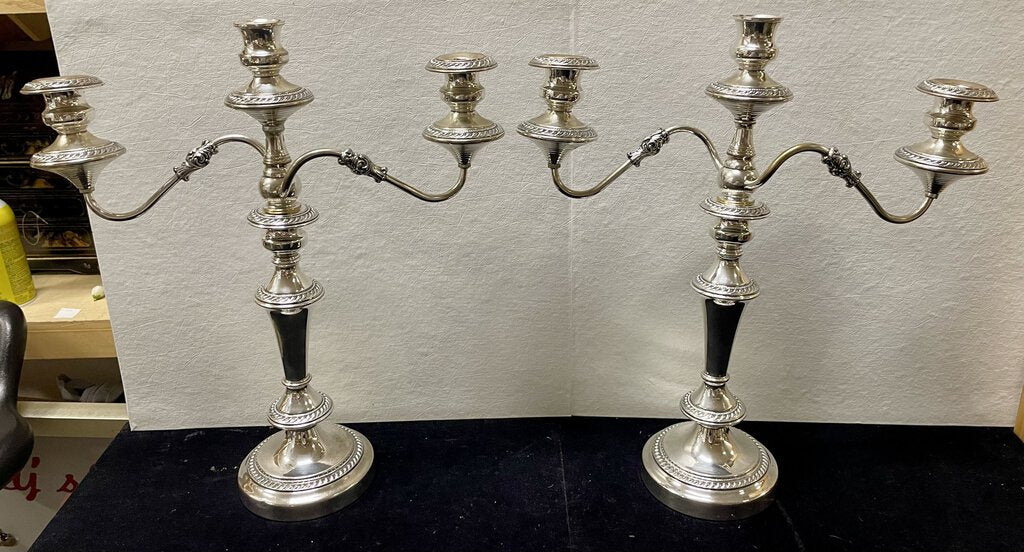 19th C. George III Sheffield Silver Plate 3 Stick Candelabra (PAIR)