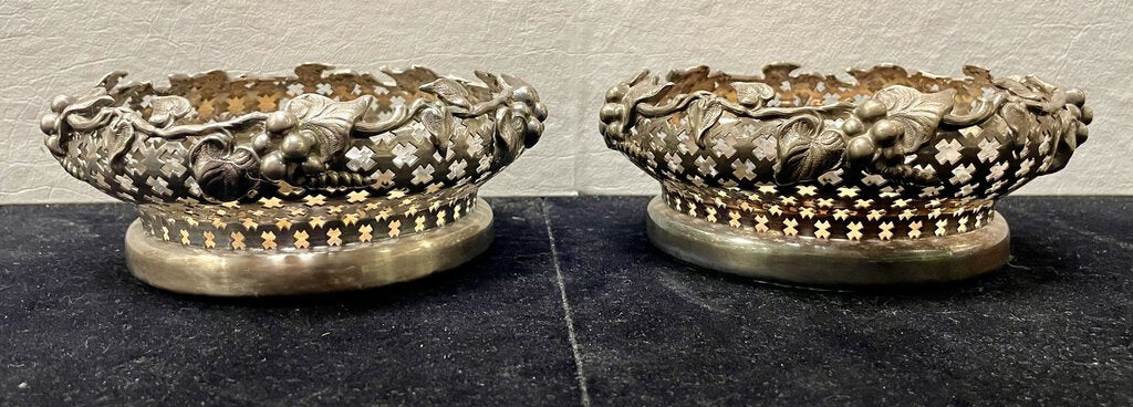 Vintage Sterling Silver Reticulated Wine Bottle Coasters with Grape Leaf Motif (PAIR)