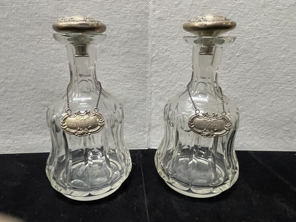 Antique 20th C. Gorham Sterling Silver Crystal Decanter Set Stoppers and Bottle Tags (PAIR)