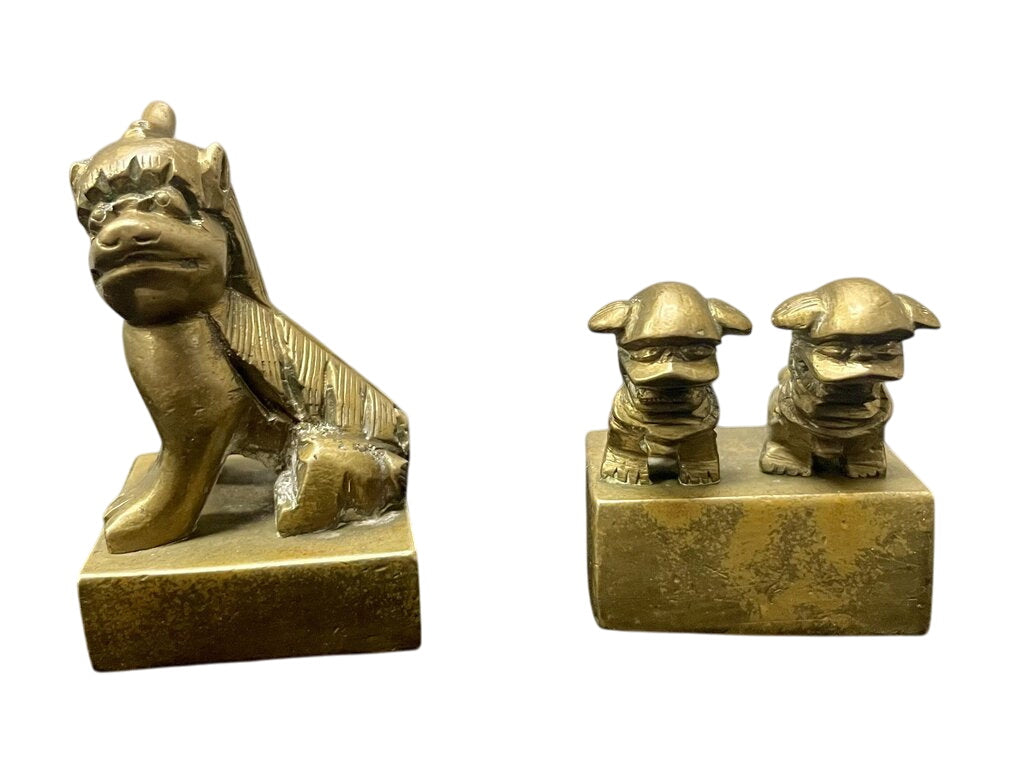 L 19th C. Chinese Qing Dynasty Bronze Foo Dog Seals (PAIR) by Miss Daisy's Consignment & Auction House