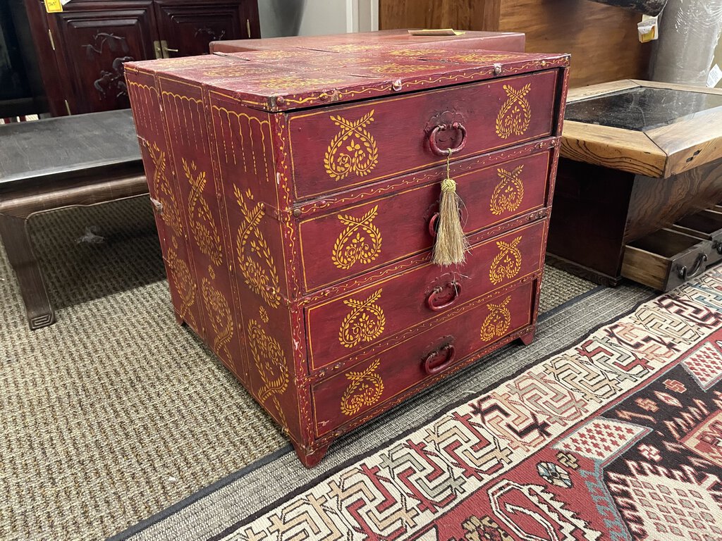 19th C. Chinese Queen Anne Style Red Lacquered Solid Rosewood 4 Chest of Drawers