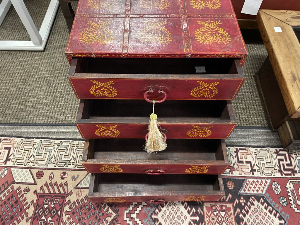 19th C. Chinese Queen Anne Style Red Lacquered Solid Rosewood 4 Chest of Drawers