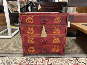 19th C. Chinese Queen Anne Style Red Lacquered Solid Rosewood 4 Chest of Drawers