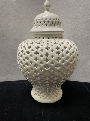 Asian Style White Reticulated Porcelain Lidded Jar