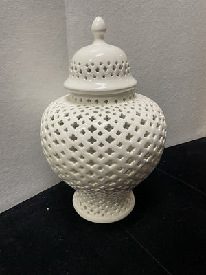 Asian Style White Reticulated Porcelain Lidded Jar