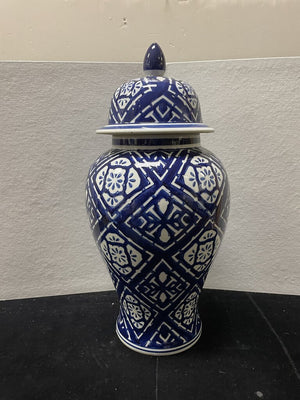 Asian Style Blue White Diamond Pattern Ceramic Lidded Jar