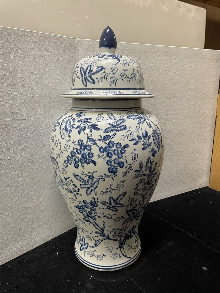 Asian Style Blue White Floral Vine Pattern Ceramic Lidded Jar