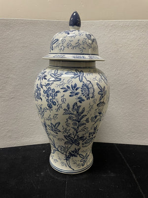 Asian Style Blue White Floral Vine Pattern Ceramic Lidded Jar