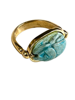 14K Gold Egyptian Faience Scarab Ring