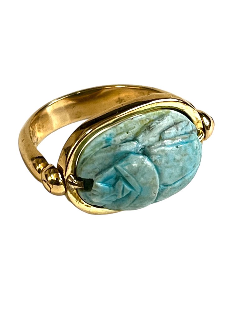 14K Gold Egyptian Faience Scarab Ring