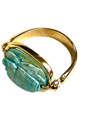 14K Gold Egyptian Faience Scarab Ring