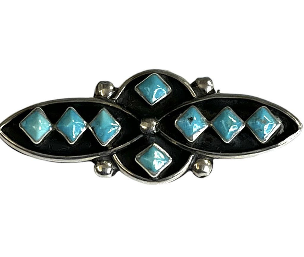 Sterling Silver Signed Native American Turquoise Brooch