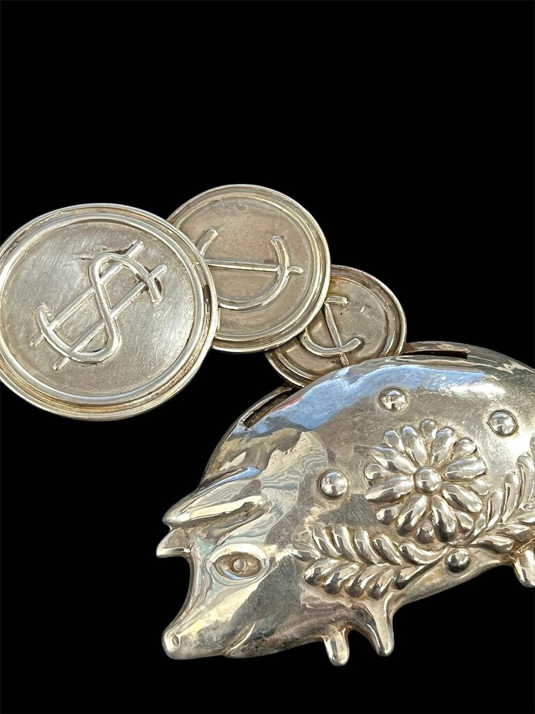 Sterling Los Castillo Taxco Piggy Bank Brooch