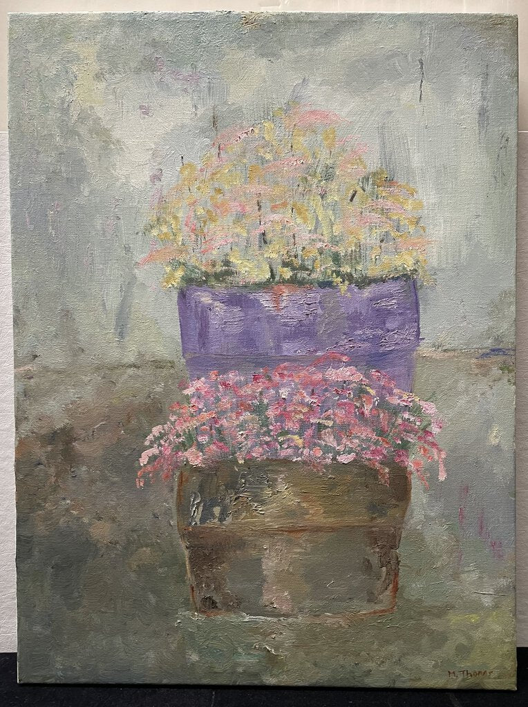 M. Thomas Still Life Flowers in Pots Oil on Canvas